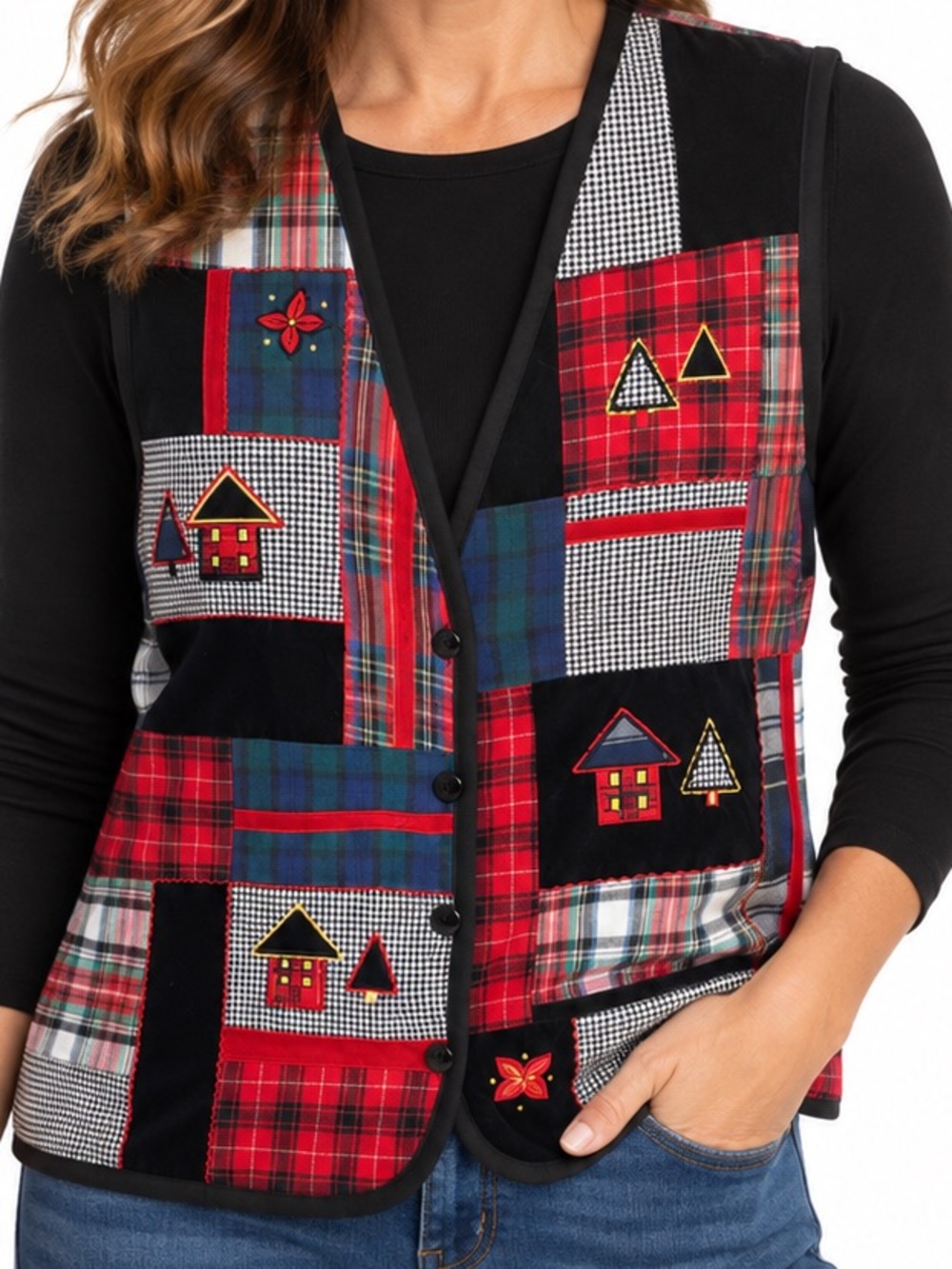 Vintage Koret Plaid Patchwork Holiday Vest Houses Trees Size L Made Hong Kong